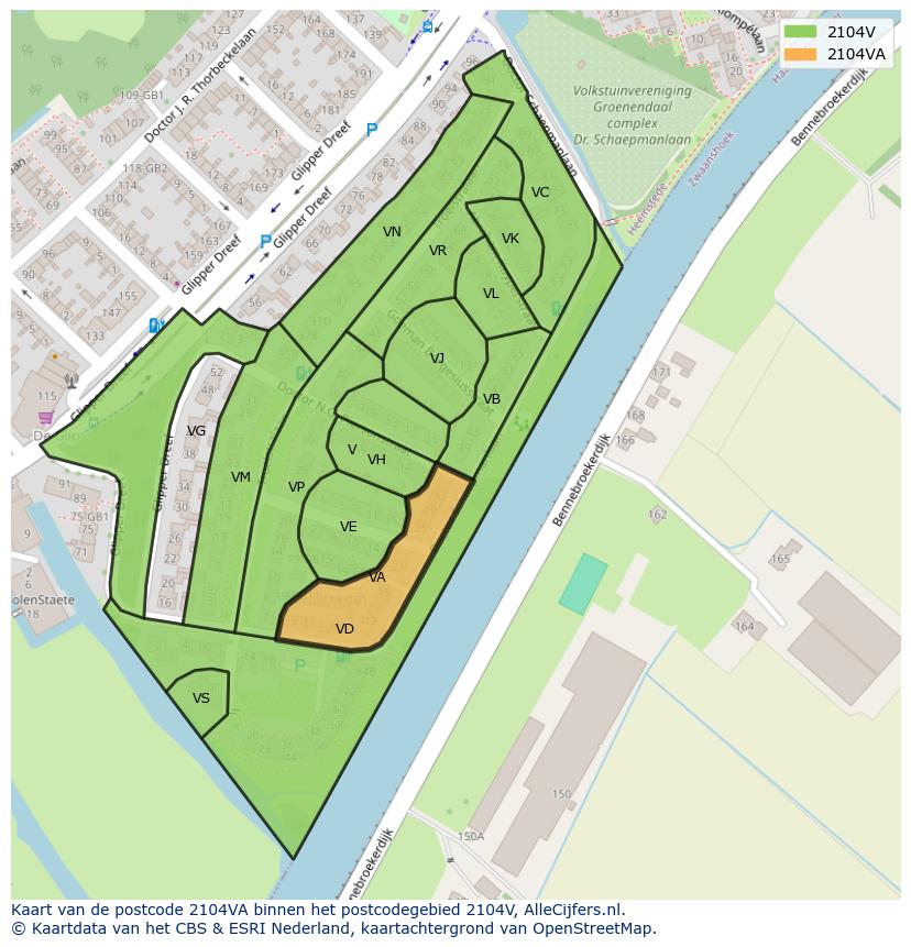 Afbeelding van het postcodegebied 2104 VA op de kaart.