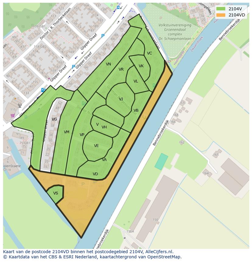 Afbeelding van het postcodegebied 2104 VD op de kaart.