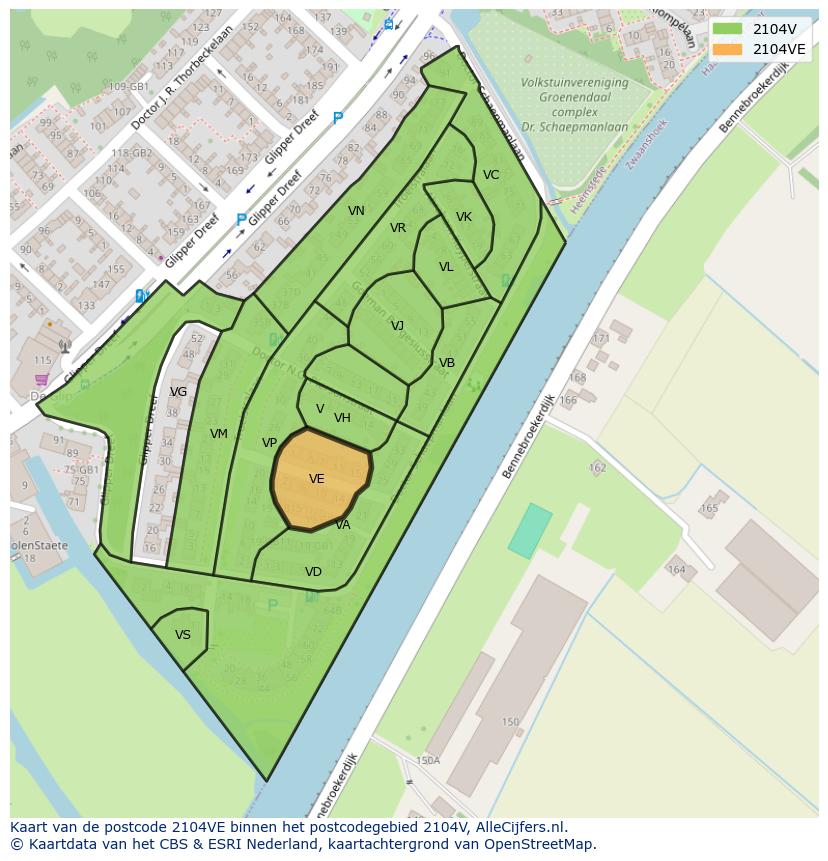 Afbeelding van het postcodegebied 2104 VE op de kaart.