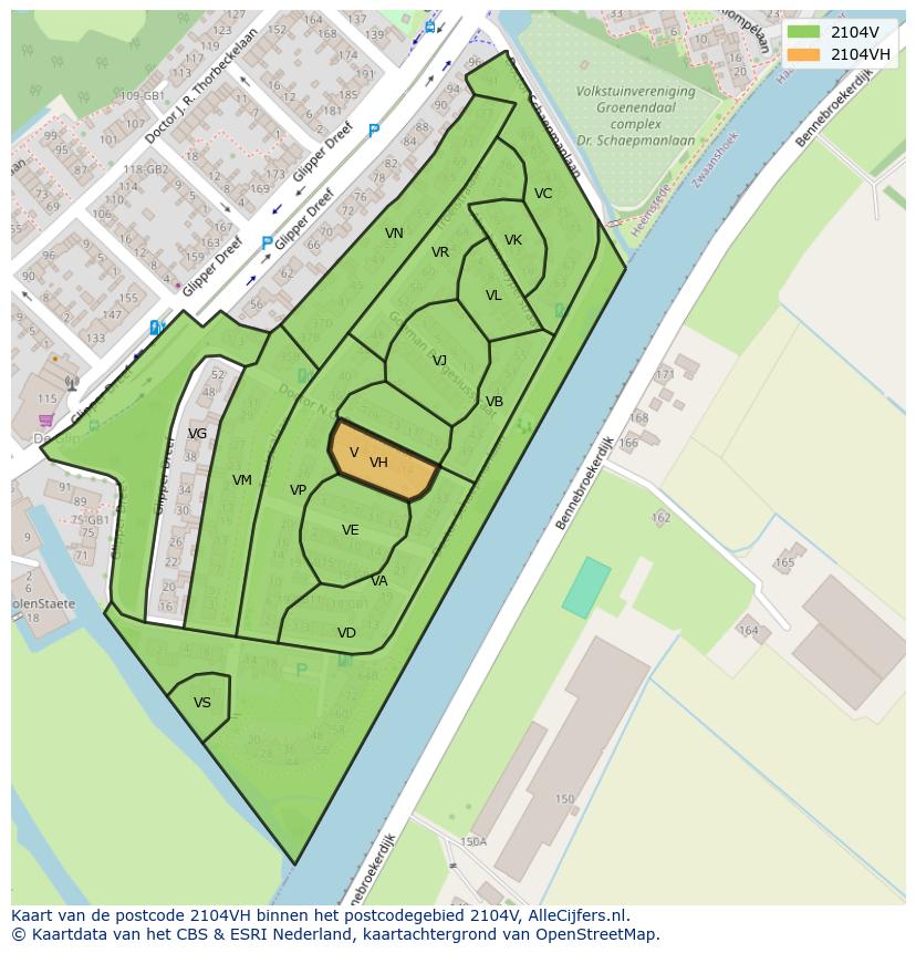 Afbeelding van het postcodegebied 2104 VH op de kaart.