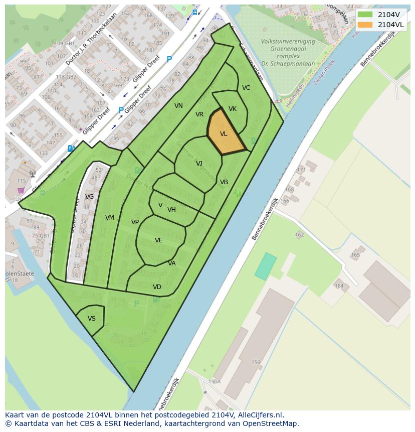 Afbeelding van het postcodegebied 2104 VL op de kaart.