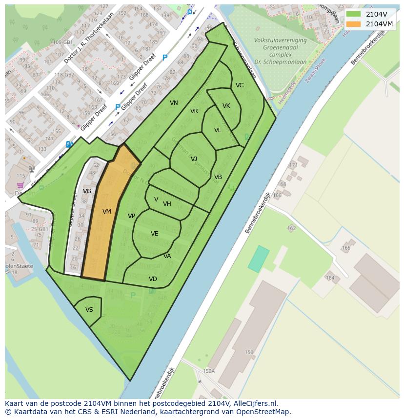 Afbeelding van het postcodegebied 2104 VM op de kaart.