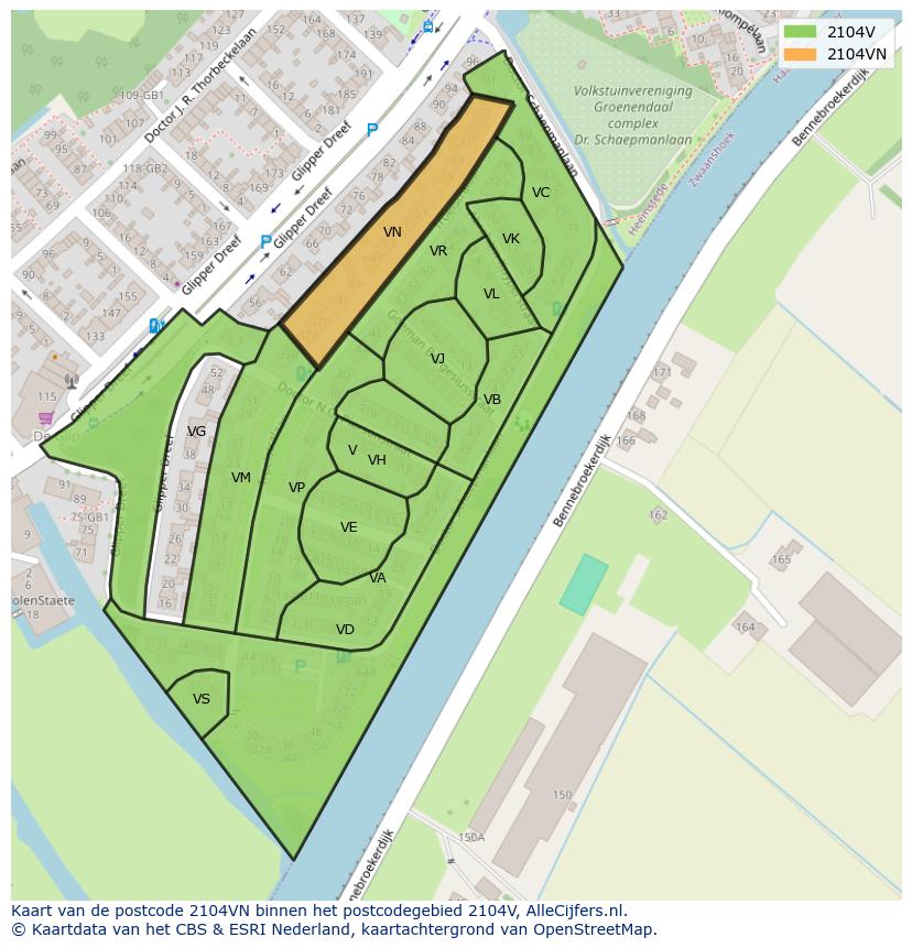 Afbeelding van het postcodegebied 2104 VN op de kaart.