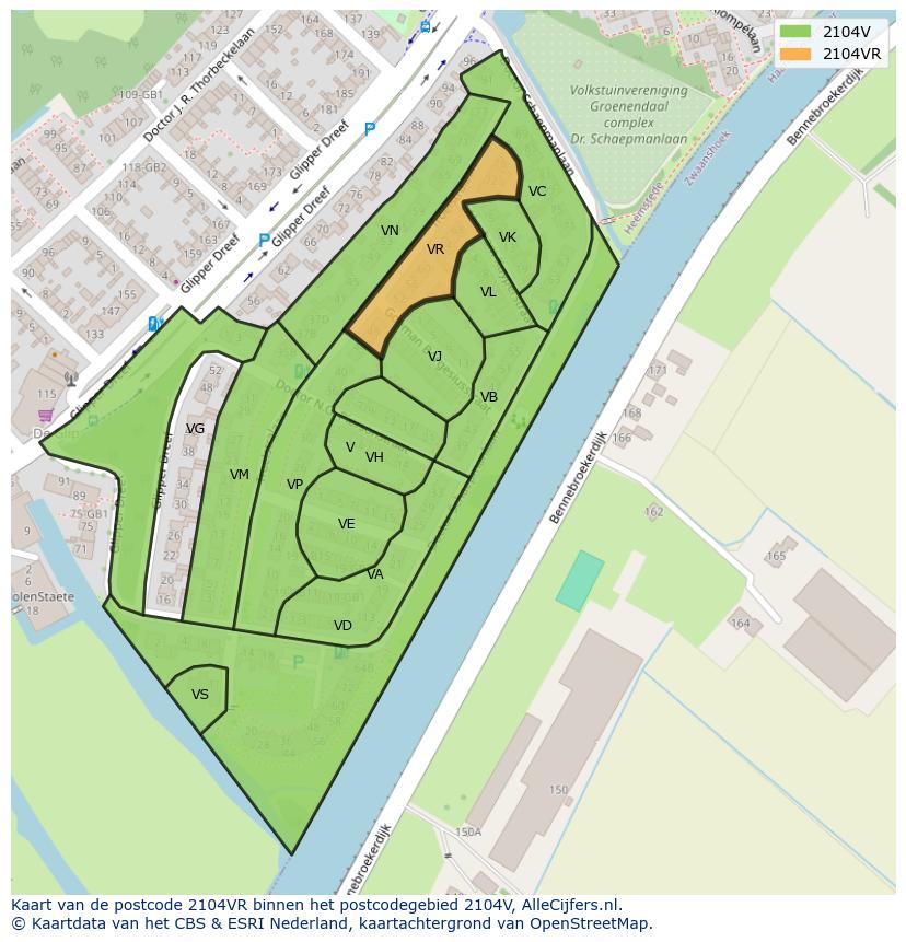 Afbeelding van het postcodegebied 2104 VR op de kaart.