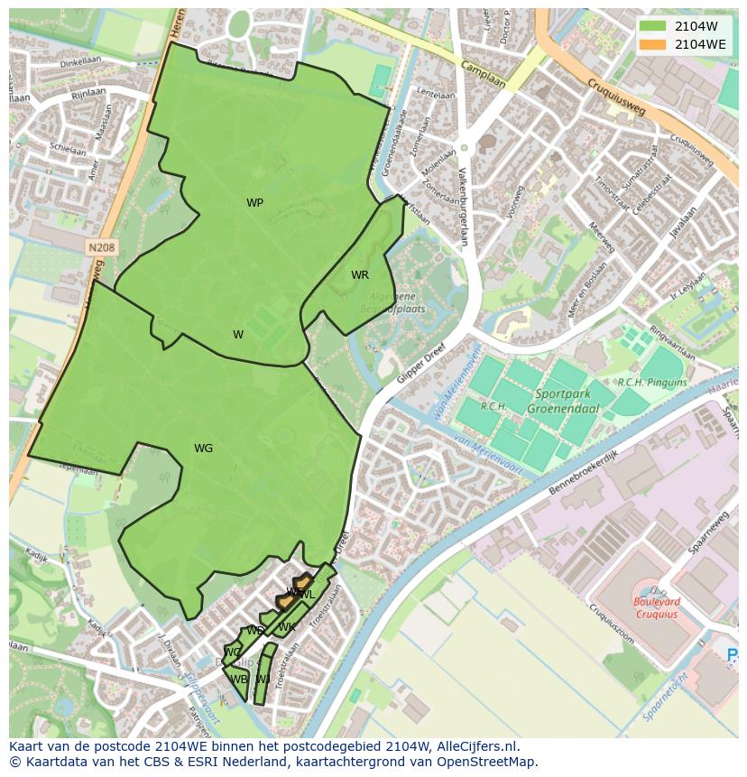 Afbeelding van het postcodegebied 2104 WE op de kaart.