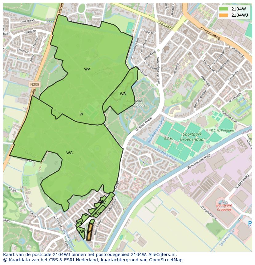 Afbeelding van het postcodegebied 2104 WJ op de kaart.