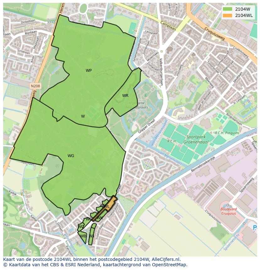 Afbeelding van het postcodegebied 2104 WL op de kaart.