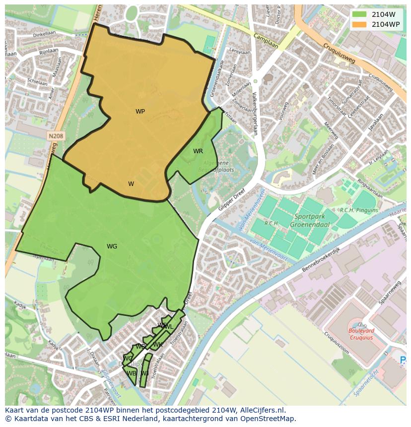 Afbeelding van het postcodegebied 2104 WP op de kaart.