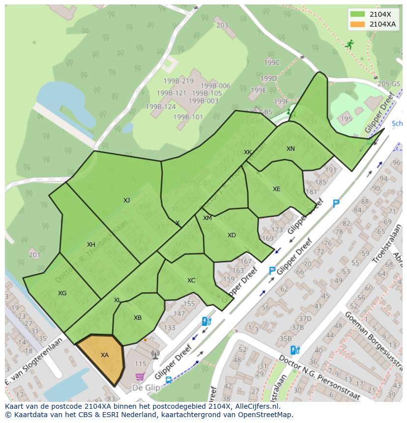 Afbeelding van het postcodegebied 2104 XA op de kaart.