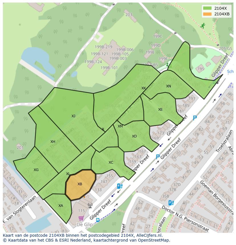 Afbeelding van het postcodegebied 2104 XB op de kaart.