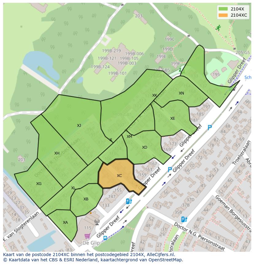 Afbeelding van het postcodegebied 2104 XC op de kaart.