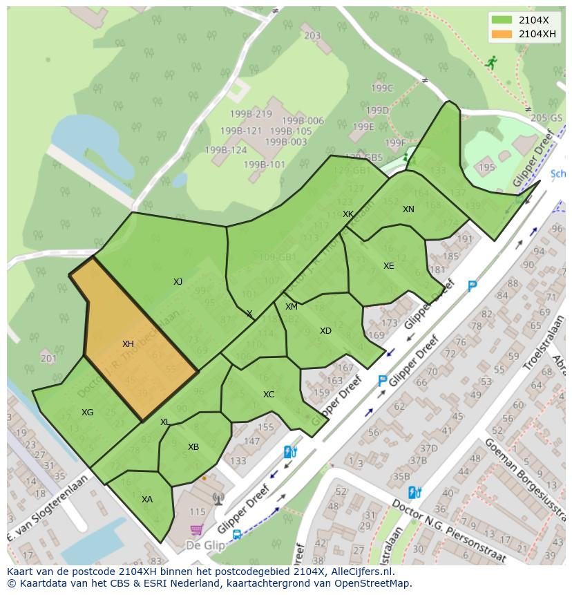 Afbeelding van het postcodegebied 2104 XH op de kaart.
