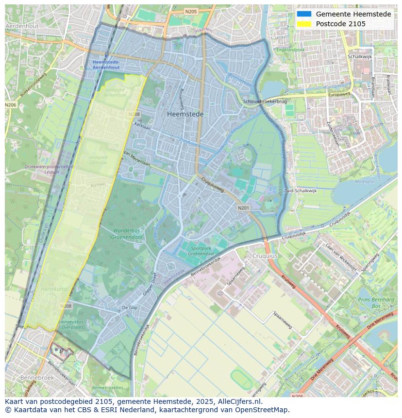 Afbeelding van het postcodegebied 2105 op de kaart.