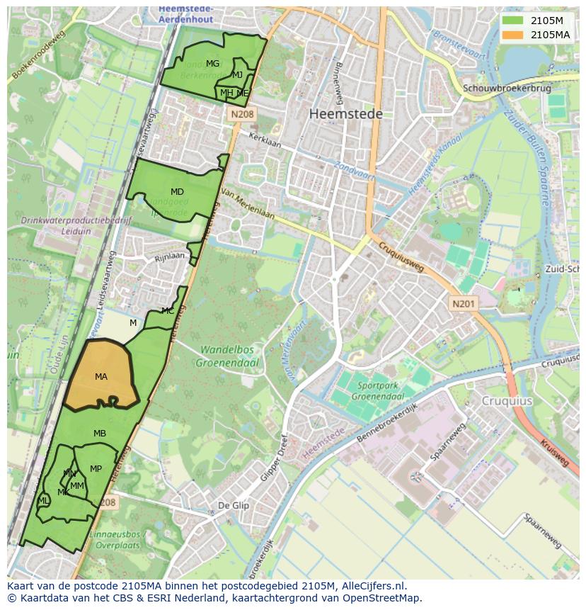 Afbeelding van het postcodegebied 2105 MA op de kaart.