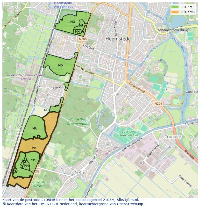 Afbeelding van het postcodegebied 2105 MB op de kaart.