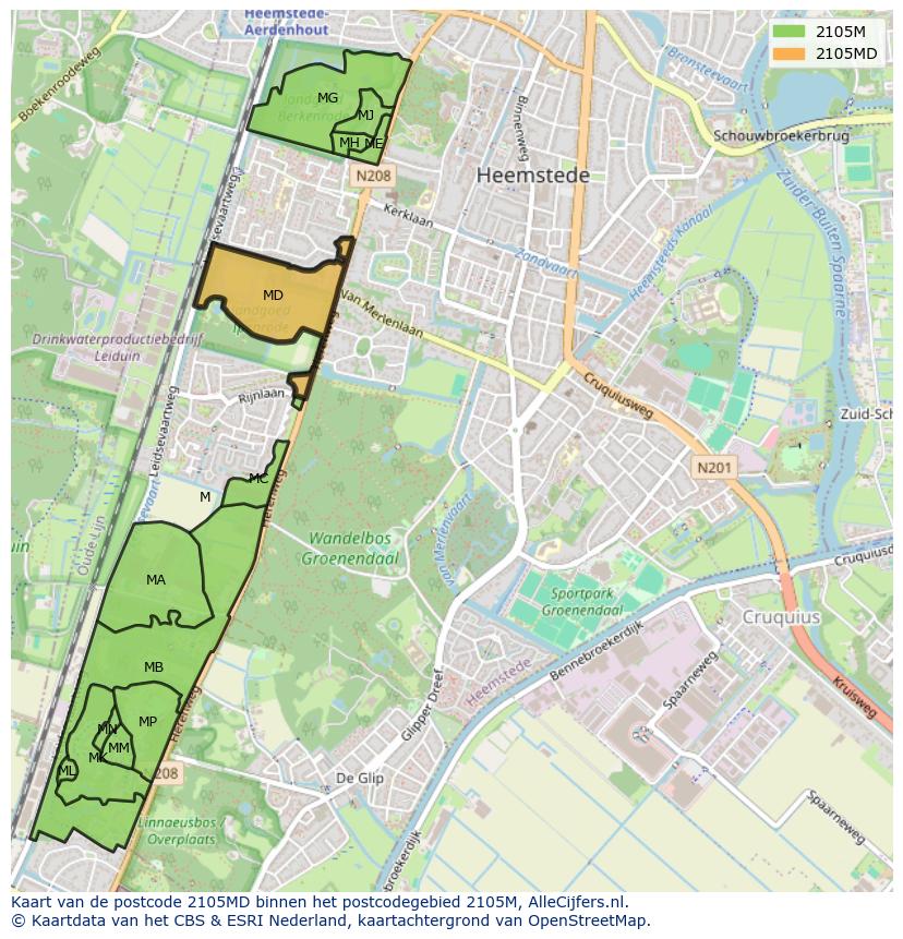 Afbeelding van het postcodegebied 2105 MD op de kaart.