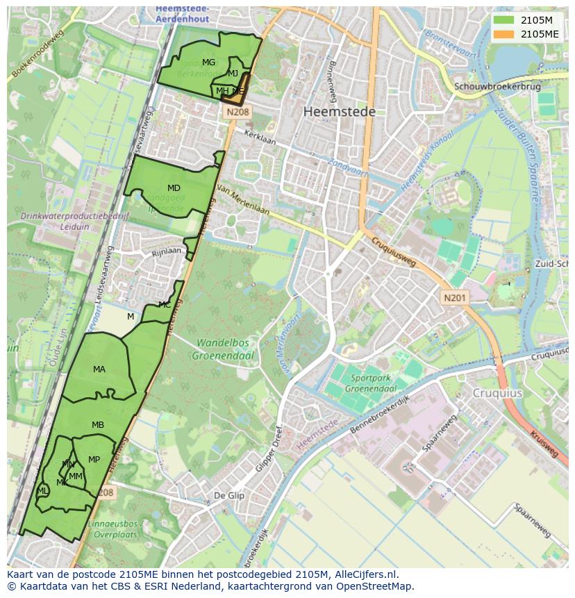 Afbeelding van het postcodegebied 2105 ME op de kaart.