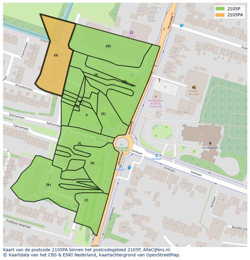 Afbeelding van het postcodegebied 2105 PA op de kaart.