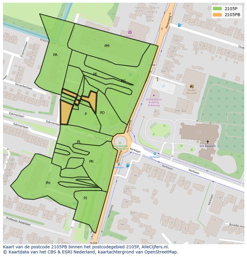 Afbeelding van het postcodegebied 2105 PB op de kaart.