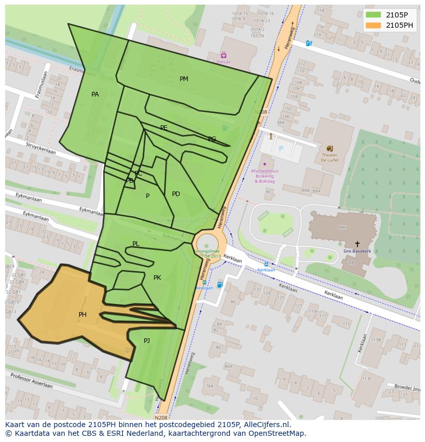 Afbeelding van het postcodegebied 2105 PH op de kaart.
