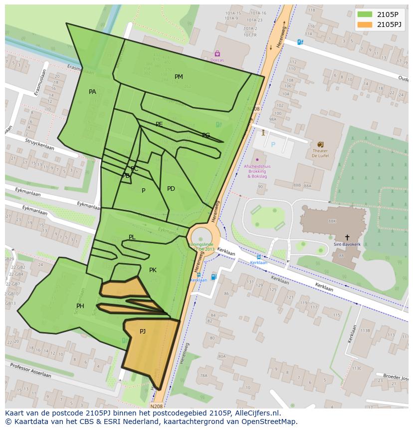 Afbeelding van het postcodegebied 2105 PJ op de kaart.