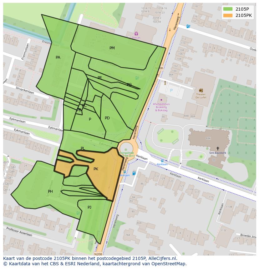 Afbeelding van het postcodegebied 2105 PK op de kaart.