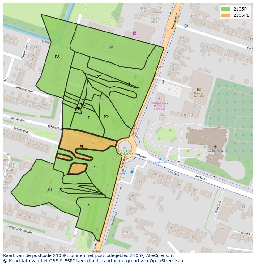 Afbeelding van het postcodegebied 2105 PL op de kaart.