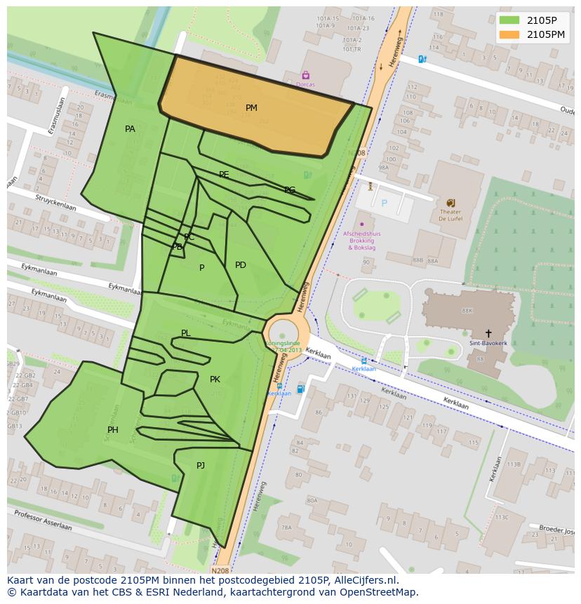 Afbeelding van het postcodegebied 2105 PM op de kaart.