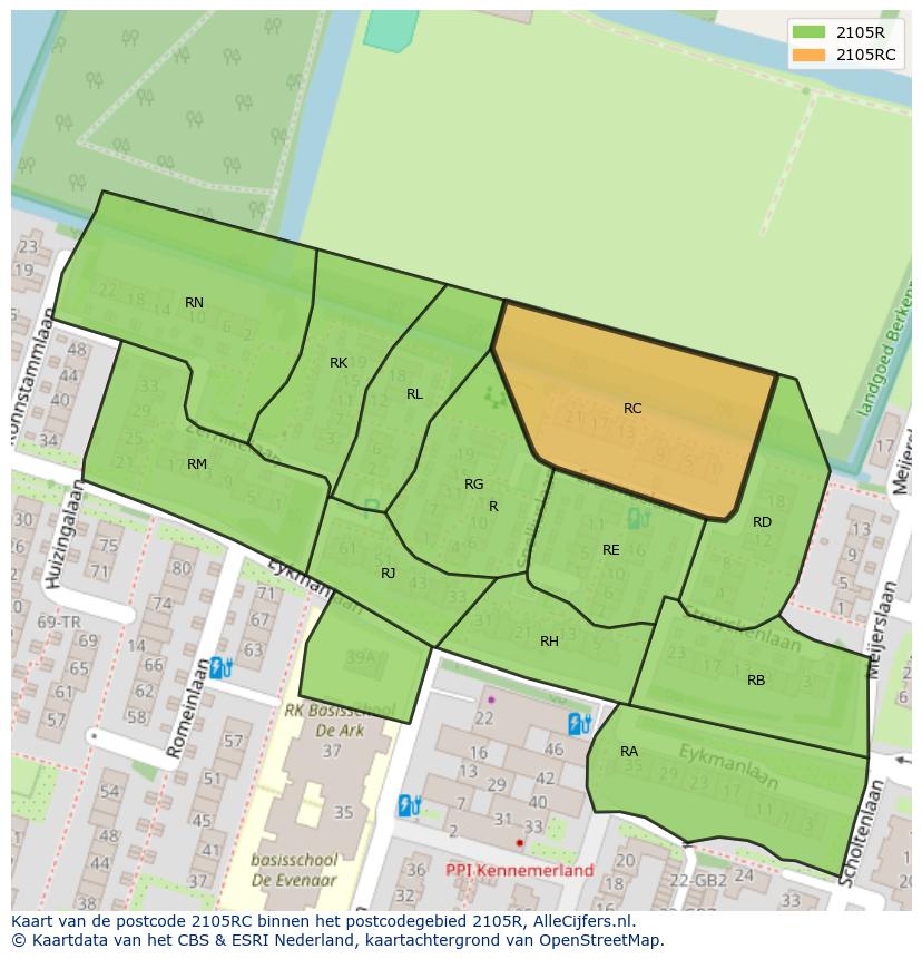 Afbeelding van het postcodegebied 2105 RC op de kaart.