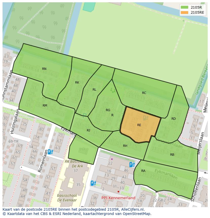 Afbeelding van het postcodegebied 2105 RE op de kaart.