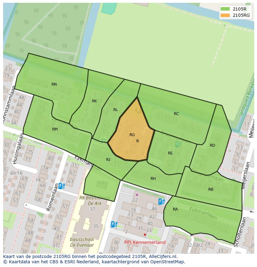 Afbeelding van het postcodegebied 2105 RG op de kaart.