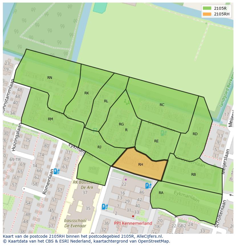 Afbeelding van het postcodegebied 2105 RH op de kaart.