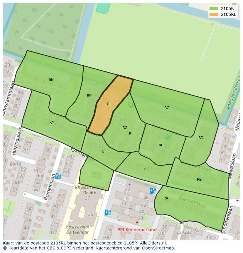 Afbeelding van het postcodegebied 2105 RL op de kaart.