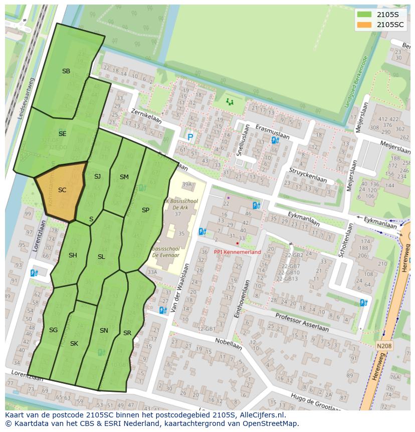 Afbeelding van het postcodegebied 2105 SC op de kaart.