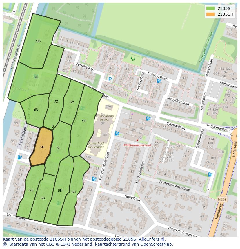 Afbeelding van het postcodegebied 2105 SH op de kaart.