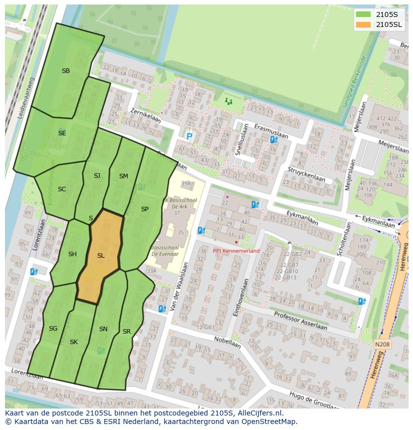 Afbeelding van het postcodegebied 2105 SL op de kaart.