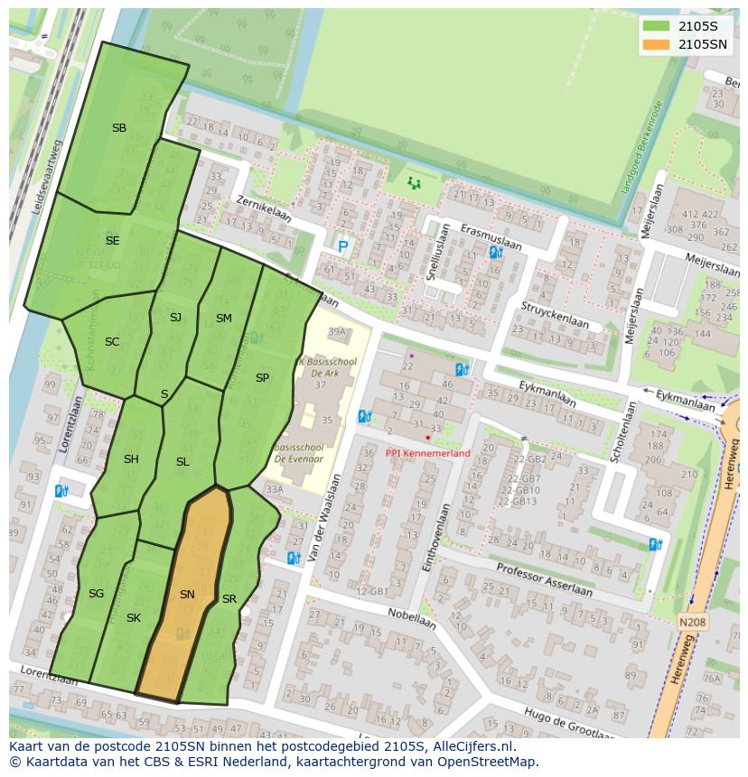 Afbeelding van het postcodegebied 2105 SN op de kaart.
