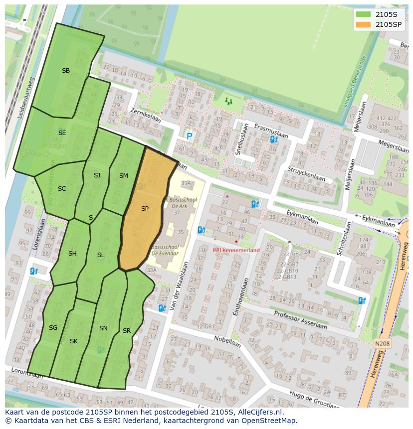 Afbeelding van het postcodegebied 2105 SP op de kaart.