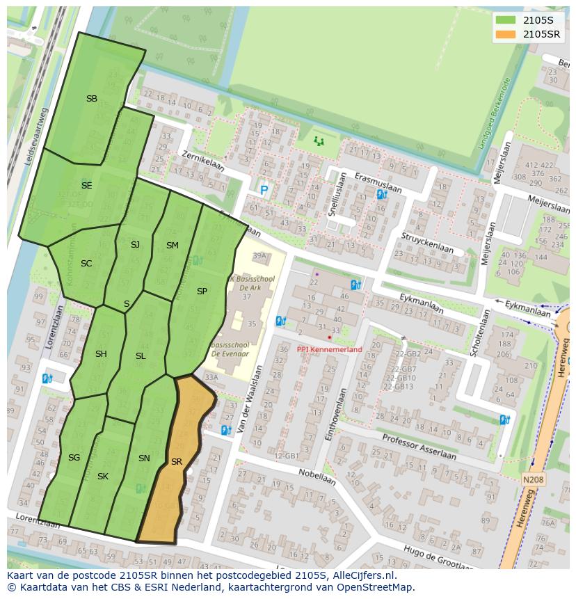 Afbeelding van het postcodegebied 2105 SR op de kaart.