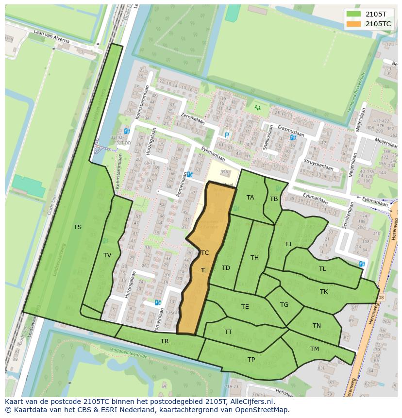 Afbeelding van het postcodegebied 2105 TC op de kaart.