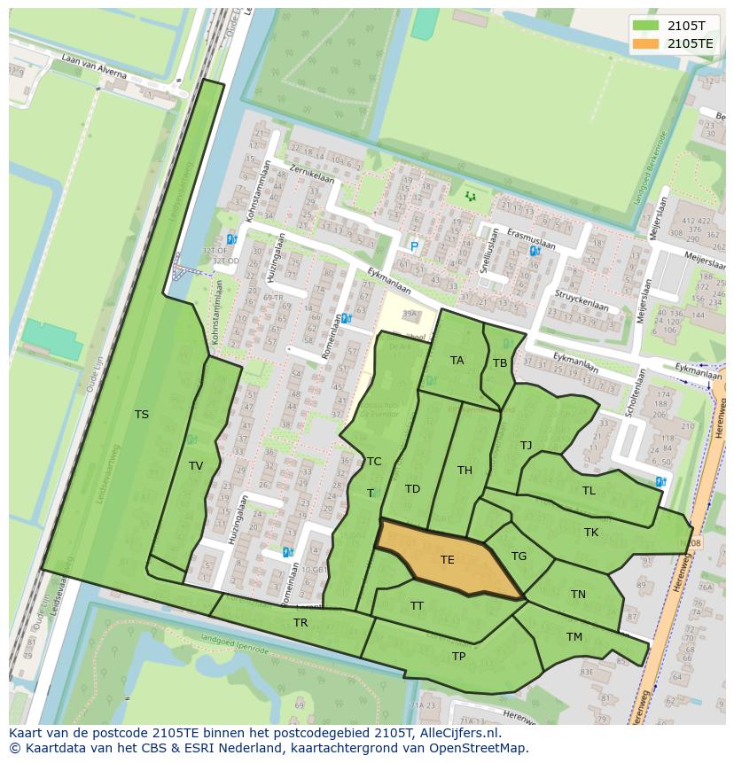 Afbeelding van het postcodegebied 2105 TE op de kaart.
