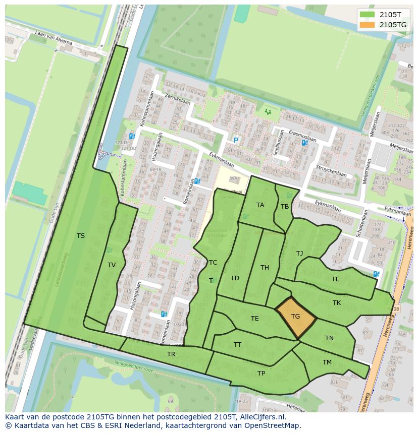 Afbeelding van het postcodegebied 2105 TG op de kaart.