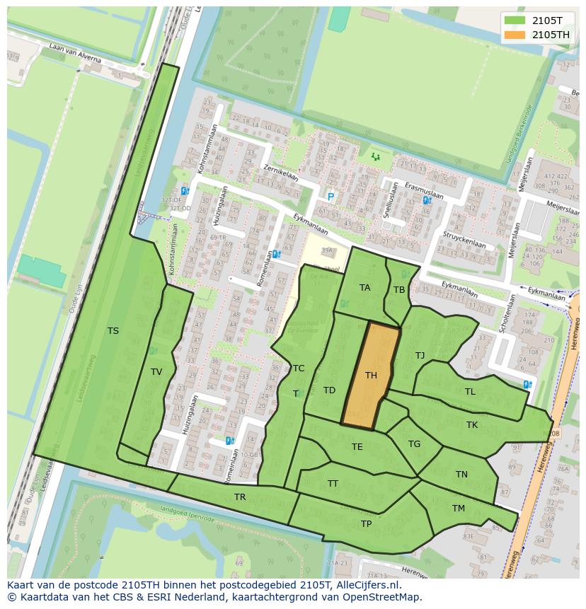 Afbeelding van het postcodegebied 2105 TH op de kaart.