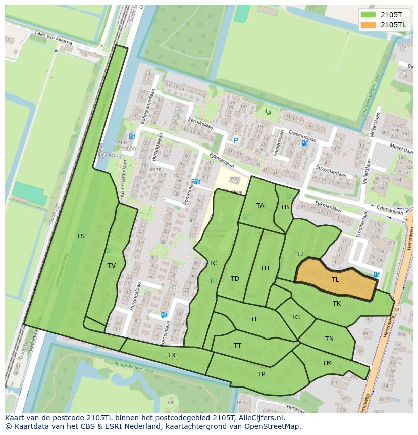 Afbeelding van het postcodegebied 2105 TL op de kaart.