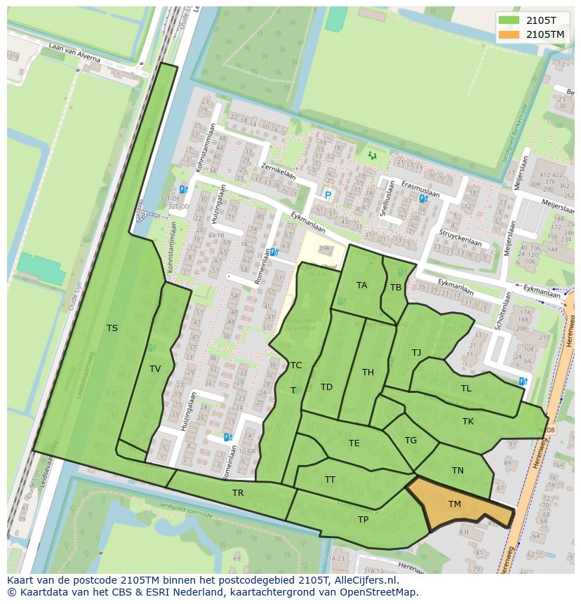 Afbeelding van het postcodegebied 2105 TM op de kaart.