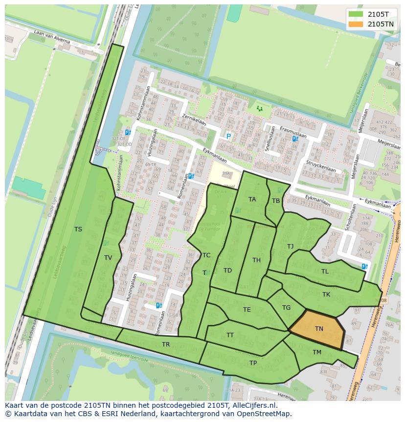 Afbeelding van het postcodegebied 2105 TN op de kaart.