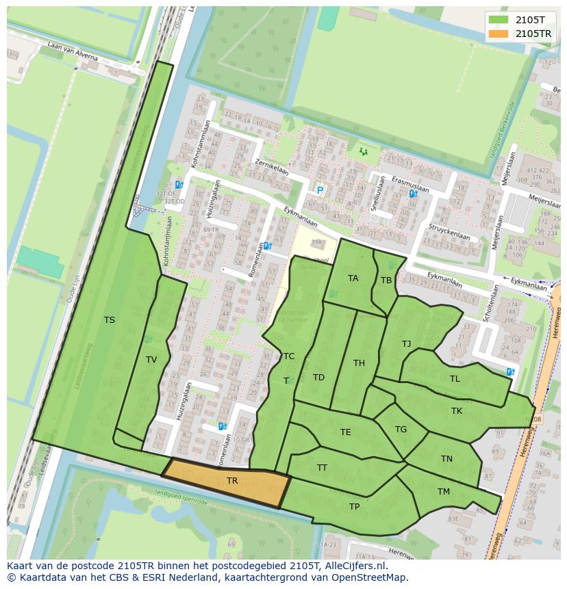 Afbeelding van het postcodegebied 2105 TR op de kaart.