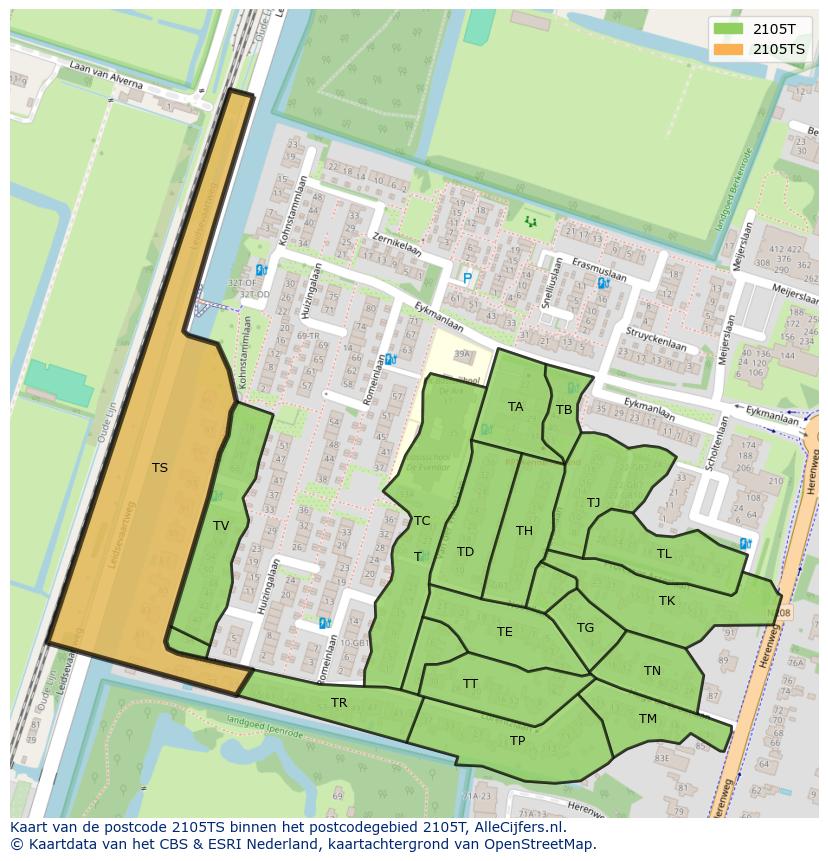 Afbeelding van het postcodegebied 2105 TS op de kaart.