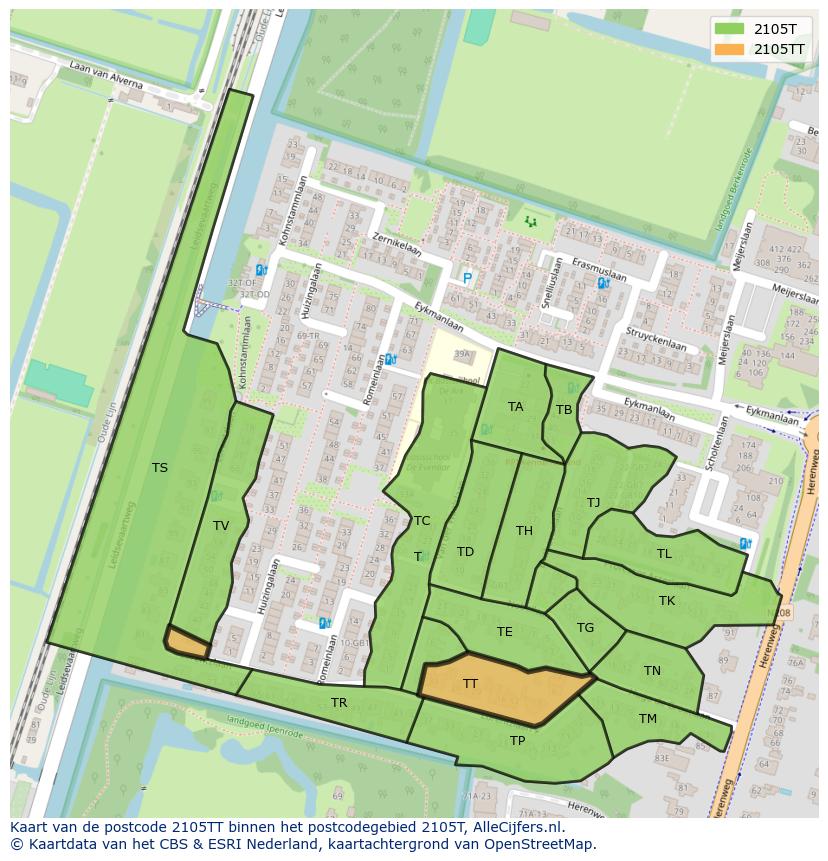 Afbeelding van het postcodegebied 2105 TT op de kaart.