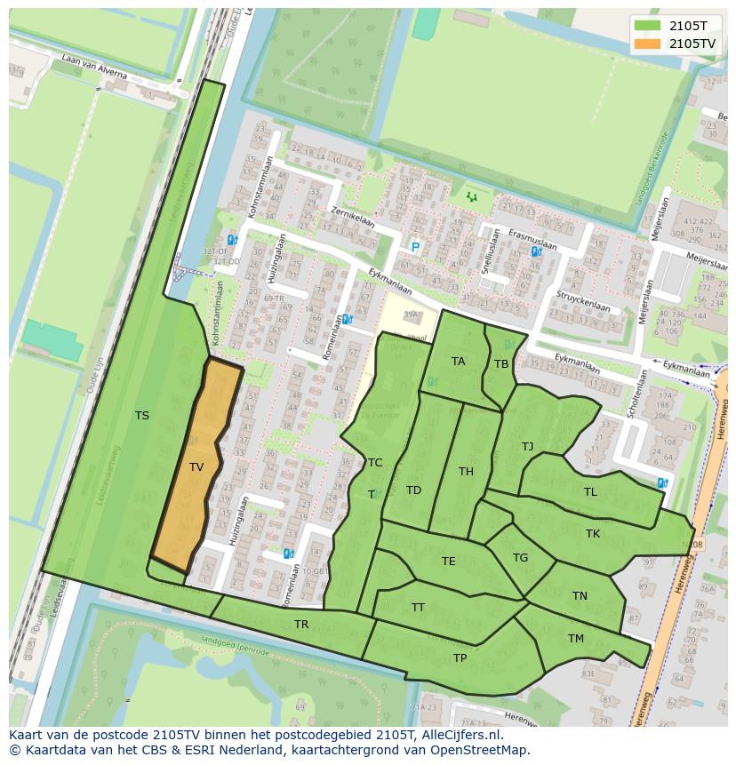 Afbeelding van het postcodegebied 2105 TV op de kaart.